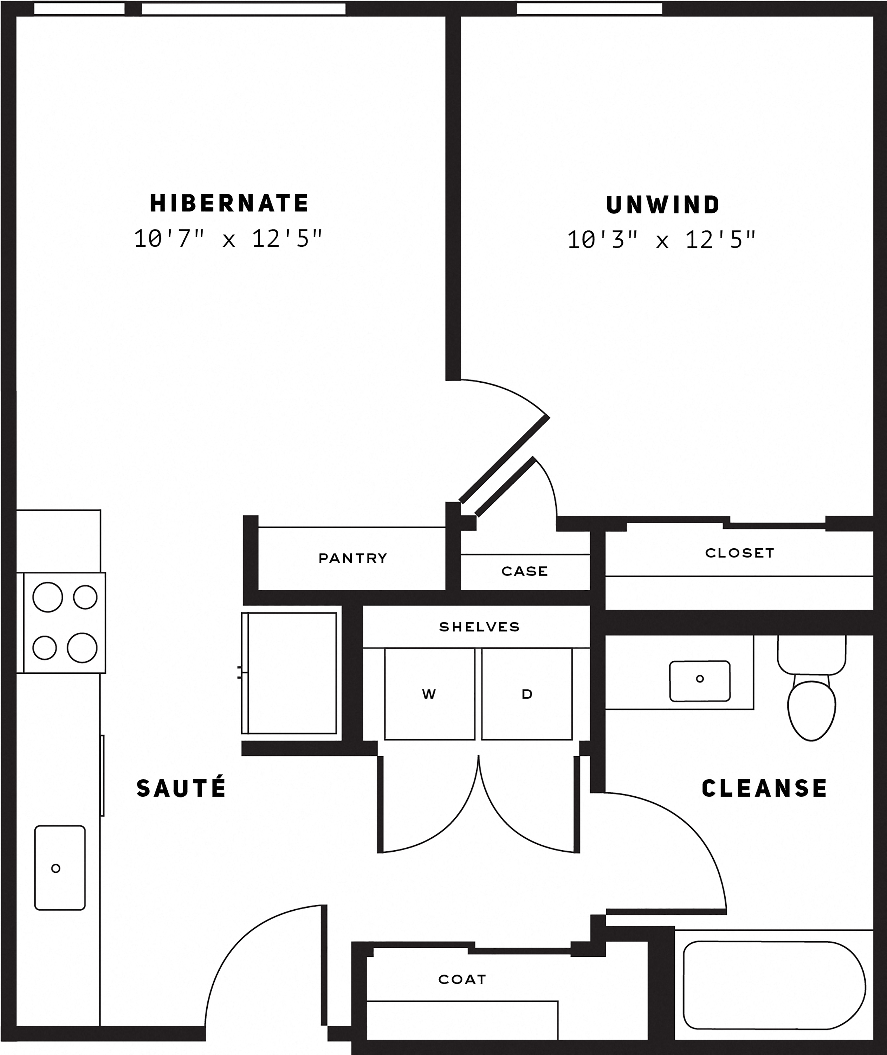 Floor plan for 1 bed, 1 bath, 586 sqft